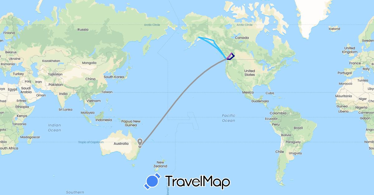 TravelMap itinerary: driving, plane, train, boat in Australia, Canada, United States (North America, Oceania)